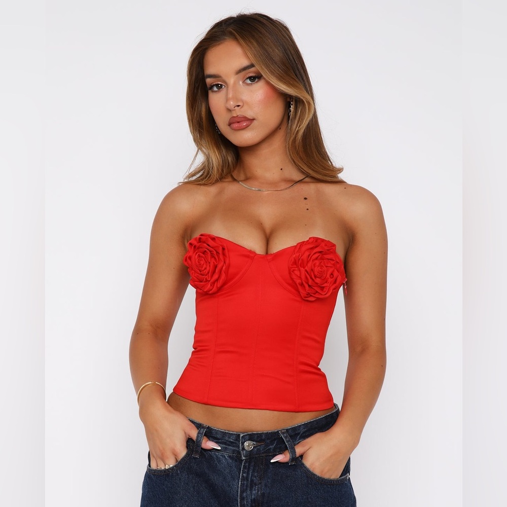White Fox Boutique Red Strapless Rose Appliqué Bustier Top